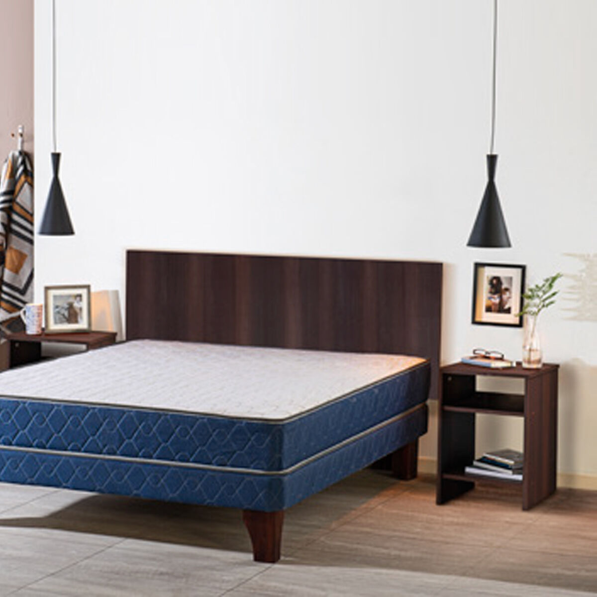 Combo Cama Flex Full XS Matrimonial + Set Maderas Nogal