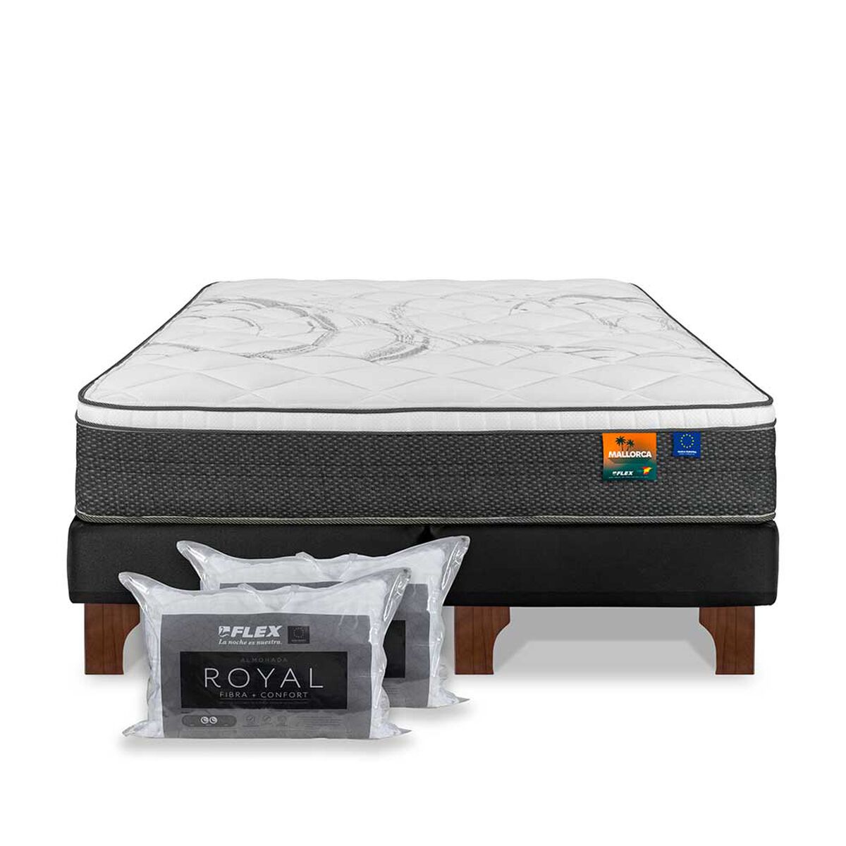 Cama Europea Flex Base Dividida 2 Plazas Mallorca + Pack Almohadas Royal