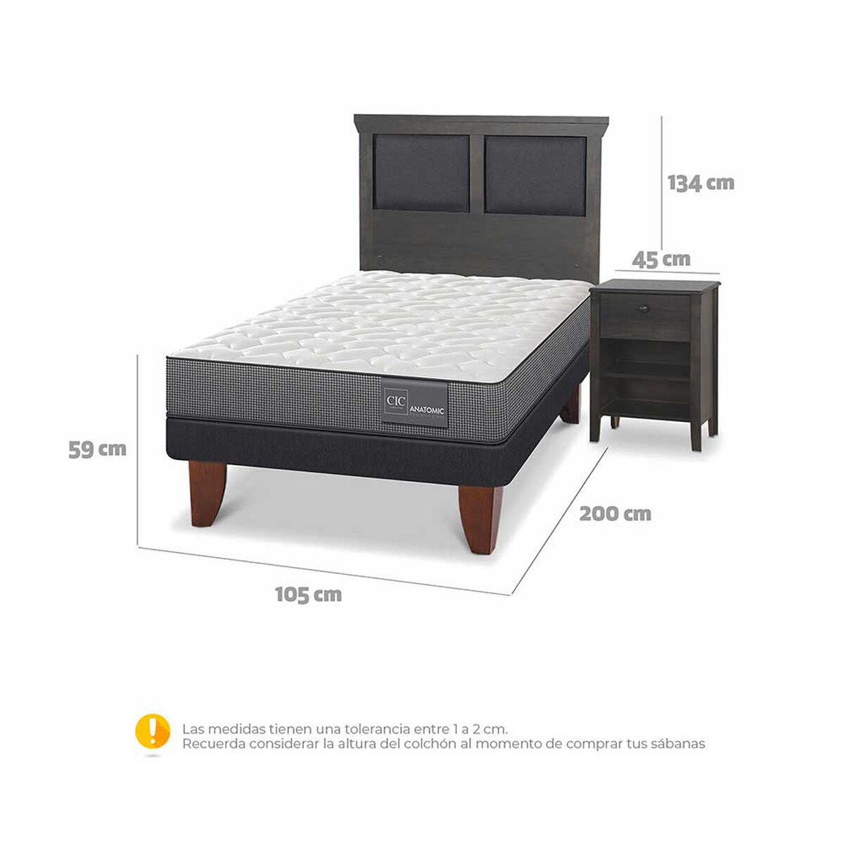Cama Europea CIC 1,5 Plazas Anatomic + Respaldo + Velador Torino