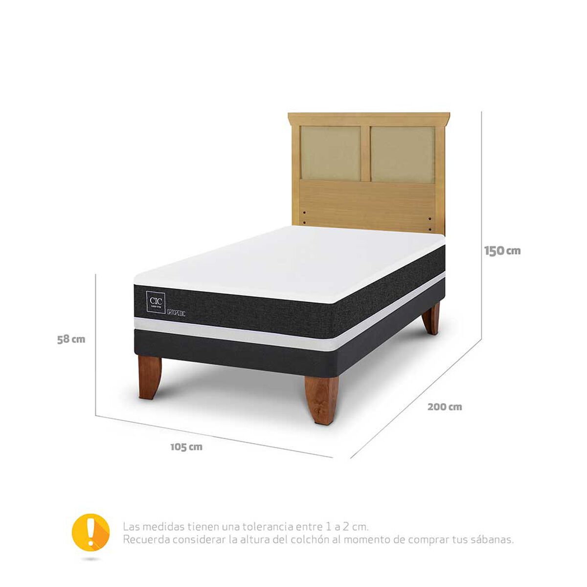 Cama Europea CIC 1,5 Plazas Ortopedic + Respaldo Torino Mostaza