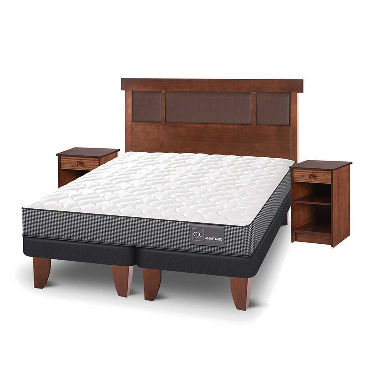 Cama Europea CIC Base Dividida 2 Plazas Anatomic + Respaldo + 2 Veladores New Dublin Caramelo