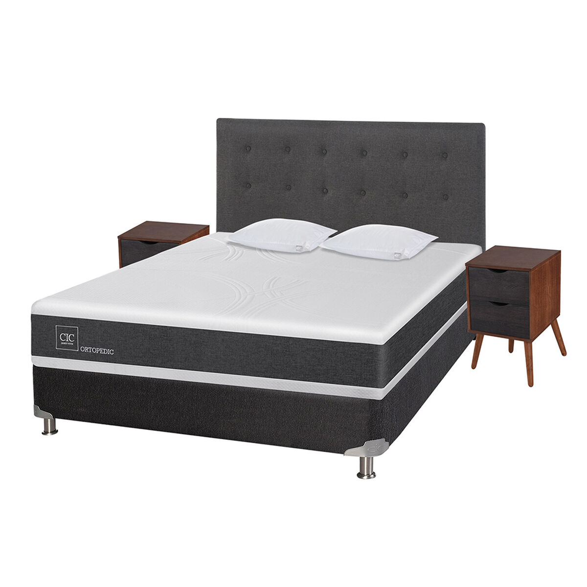 Box Spring CIC 2 Plazas New Ortopedic + Respaldo + 2 Veladores Eufrates + Almohada