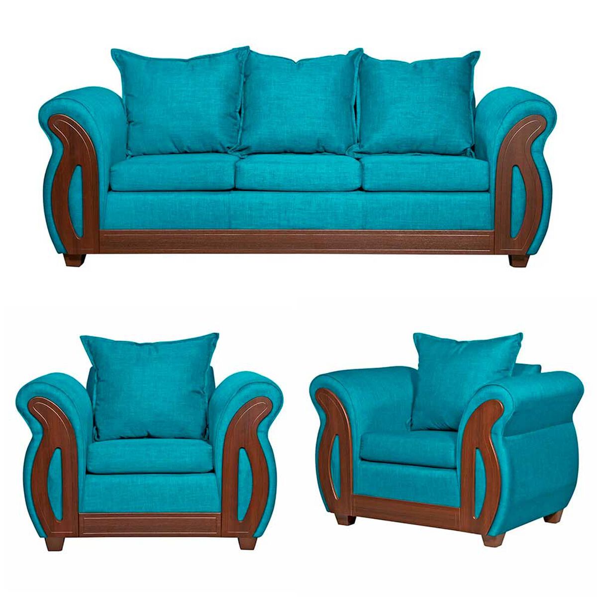 Juego de Living Ruzam Mobel Isidora Sof&aacute; 3 Cuerpos + Dos Sillones 1 Cuerpo Lino Turquesa