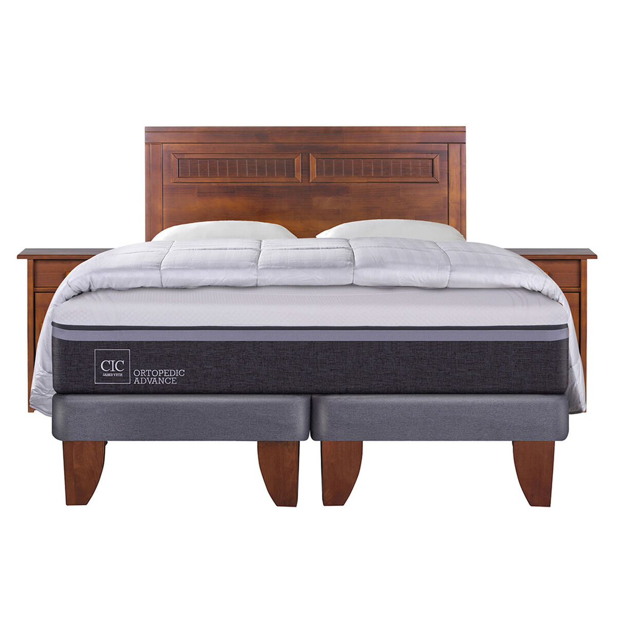 Cama Europea CIC Base Dividida King Ortopedic Advance + Respaldo + 2 Veladores + Almohadas + Plum&oacute;n