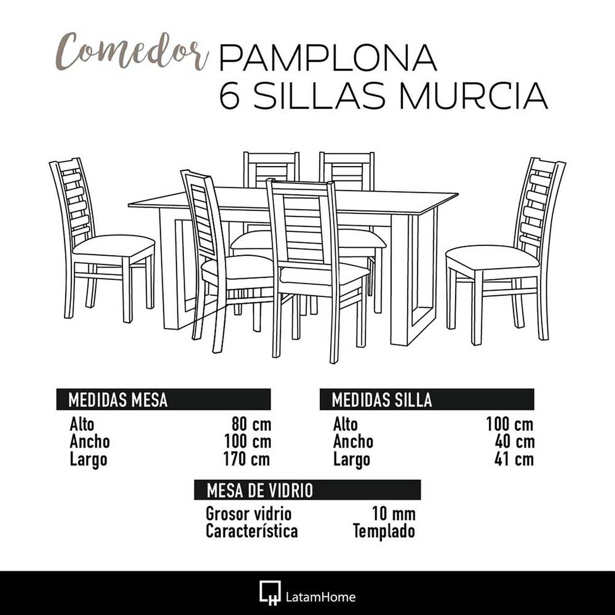 Juego de Comedor Latam Home Pamplona Murcia 6 Sillas Lino Gris Oscuro