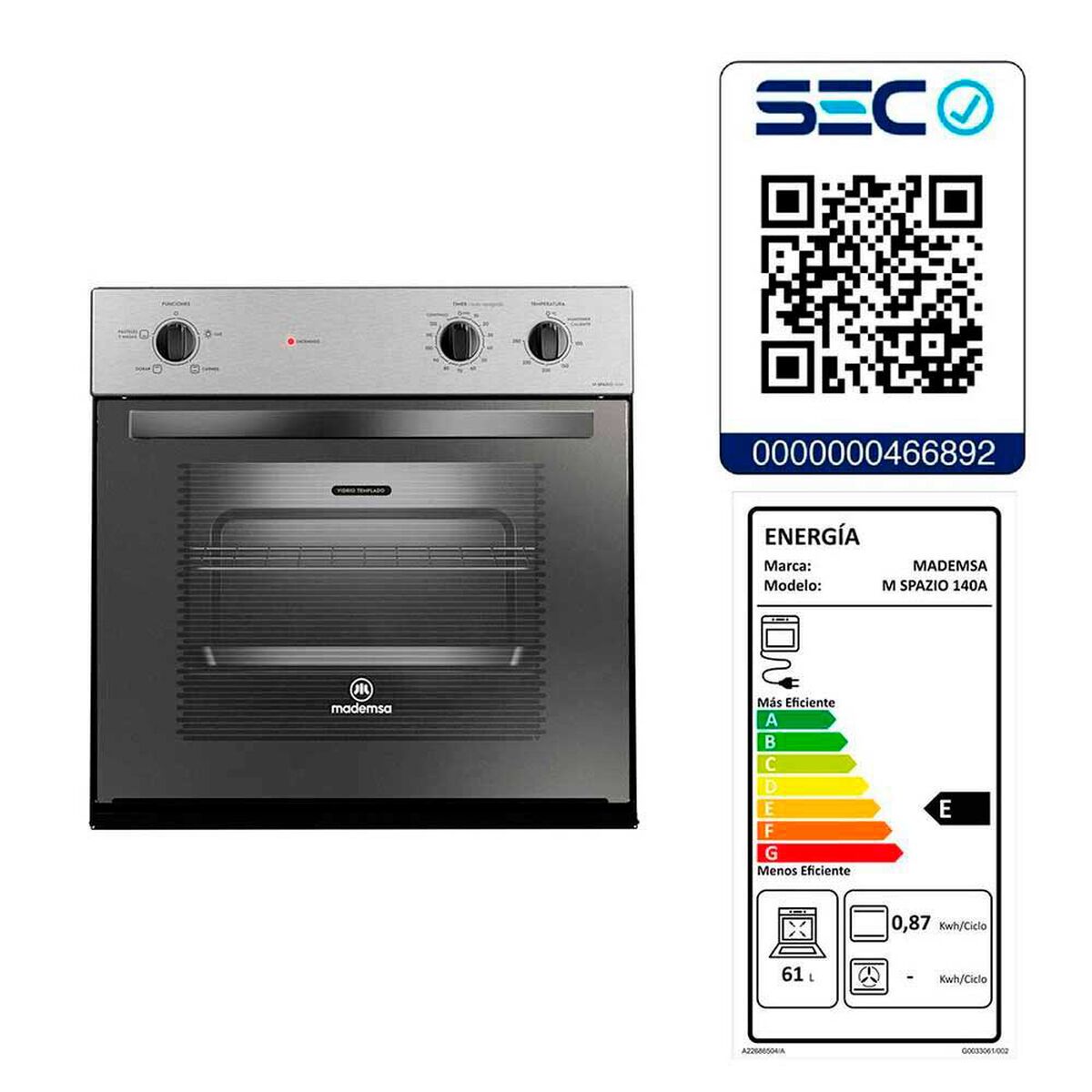 Horno Empotrado Mademsa M SPAZIO140 A 66 lts.