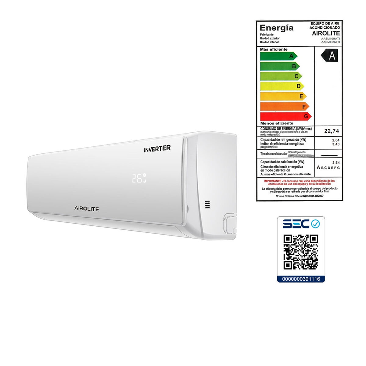 Aire Acondicionado Airolite Inverter Aasmi 09 Ati Wifi 9000 BTU
