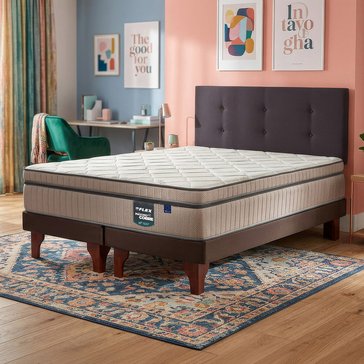 Cama Europea Flex Base Dividida 2 Plazas M&aacute;ximo Cobre + Respaldo Royal Negro