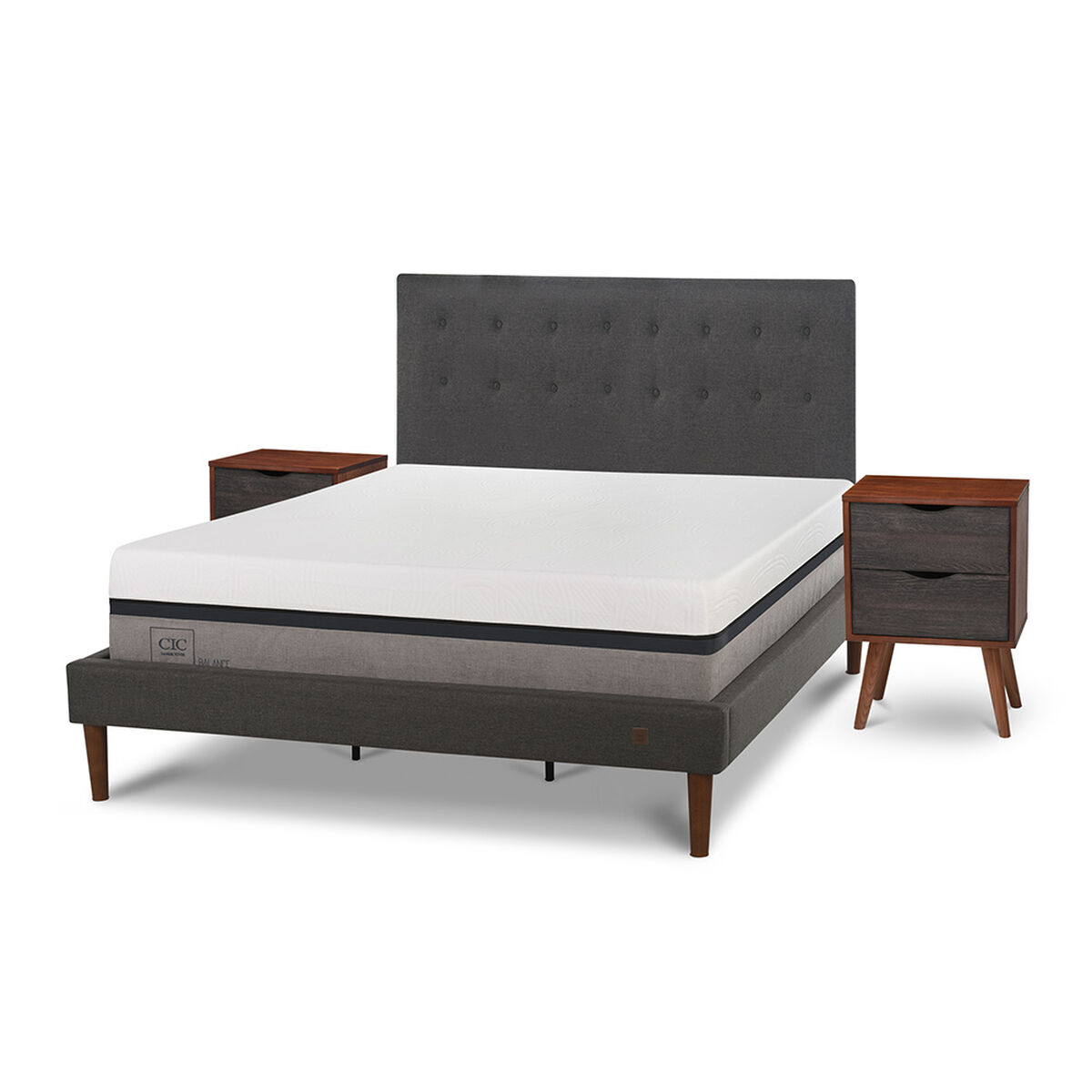 Cama Europea CIC Curve King Balance + Respaldo Eufrates + 2 Veladores Niger