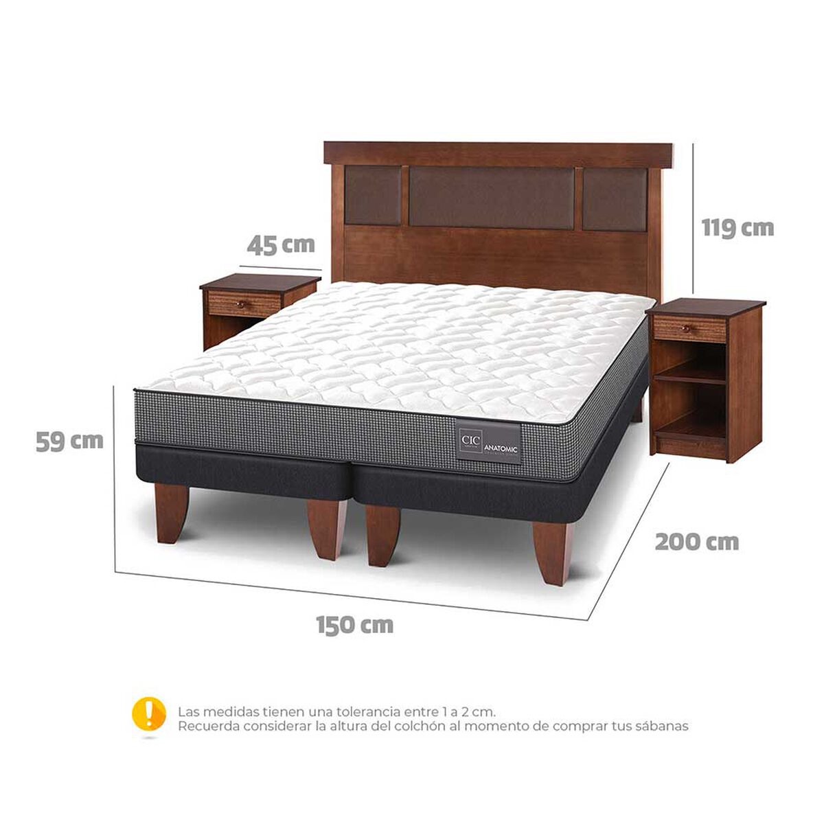 Cama Europea CIC Base Dividida 2 Plazas Anatomic + Respaldo + 2 Veladores New Dublin Caramelo