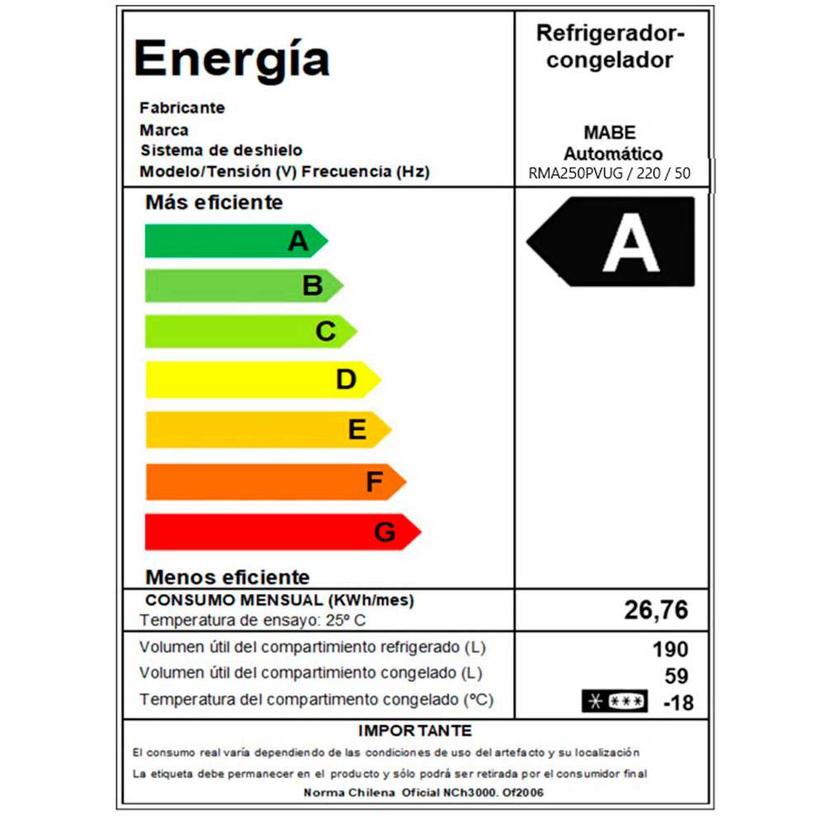 Refrigerador No Frost Mabe RMA250PVUG 249 lts.