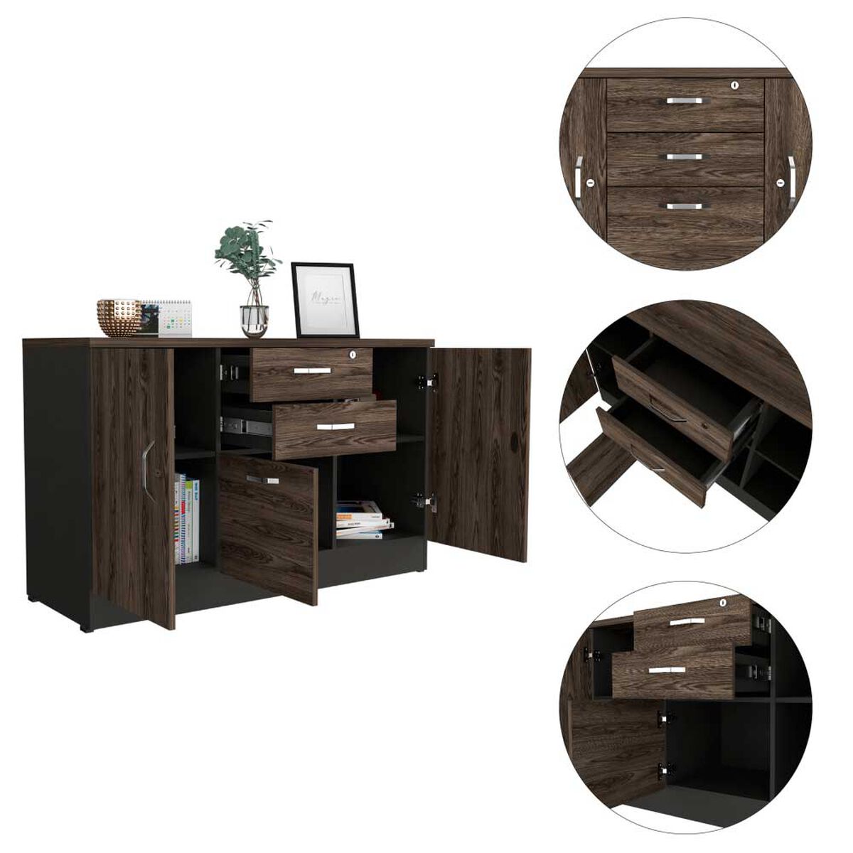 Gabinete TuHome Home Office 2 Puertas 3 Cajones Negro Soft Co&ntilde;ac
