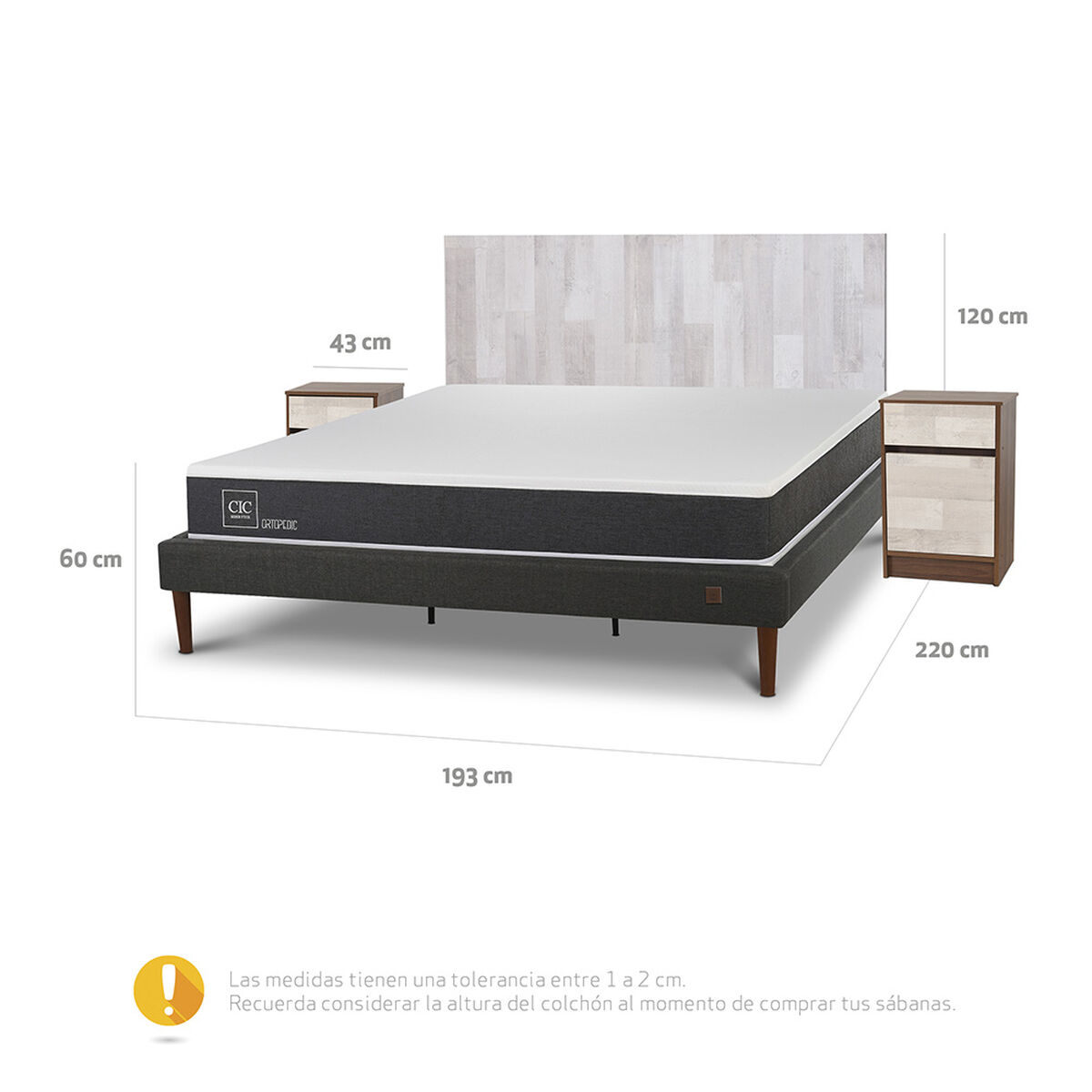 Cama Europea CIC King New Ortopedic + Respaldo Legno + 2 Veladores