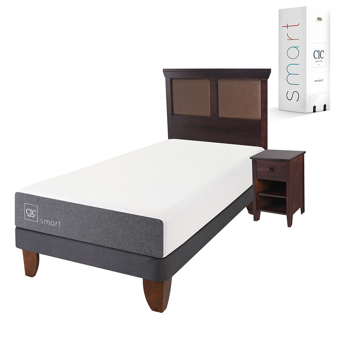 Cama Europea CIC 1,5 Plazas Smart + Respaldo + Velador New Torino Chocolate