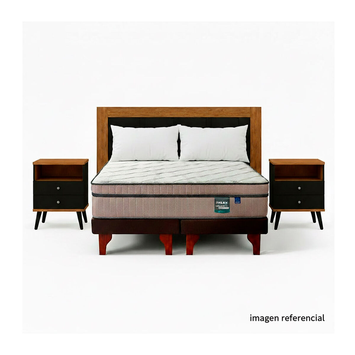 Combo Cama Europea Flex 2 Plazas M&aacute;ximo Cobre + Respaldo + 2 Veladores + Pack Almohadas
