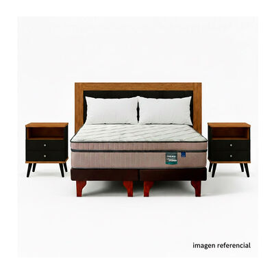 Combo Cama Europea Flex 2 Plazas M&aacute;ximo Cobre + Respaldo + 2 Veladores + Pack Almohadas