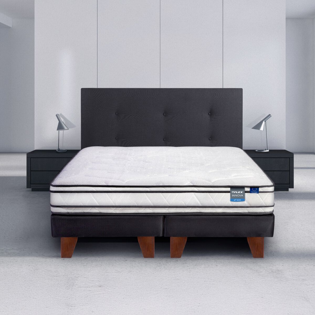Cama Europea Flex 2 Plazas Innova + Respaldo + 2 Veladores