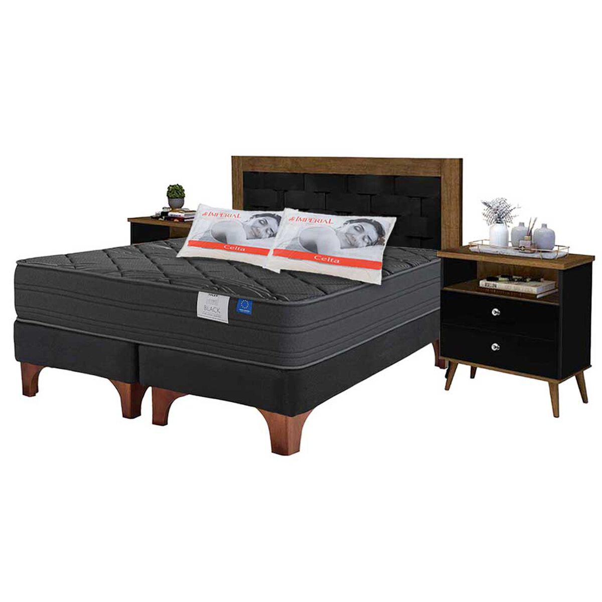 Combo Cama Europea Flex Base Dividida 2 Plazas Black + Respaldo + 2 Veladores Dreams Treliza Negro + Pack Almohadas Celta Imperial Soft