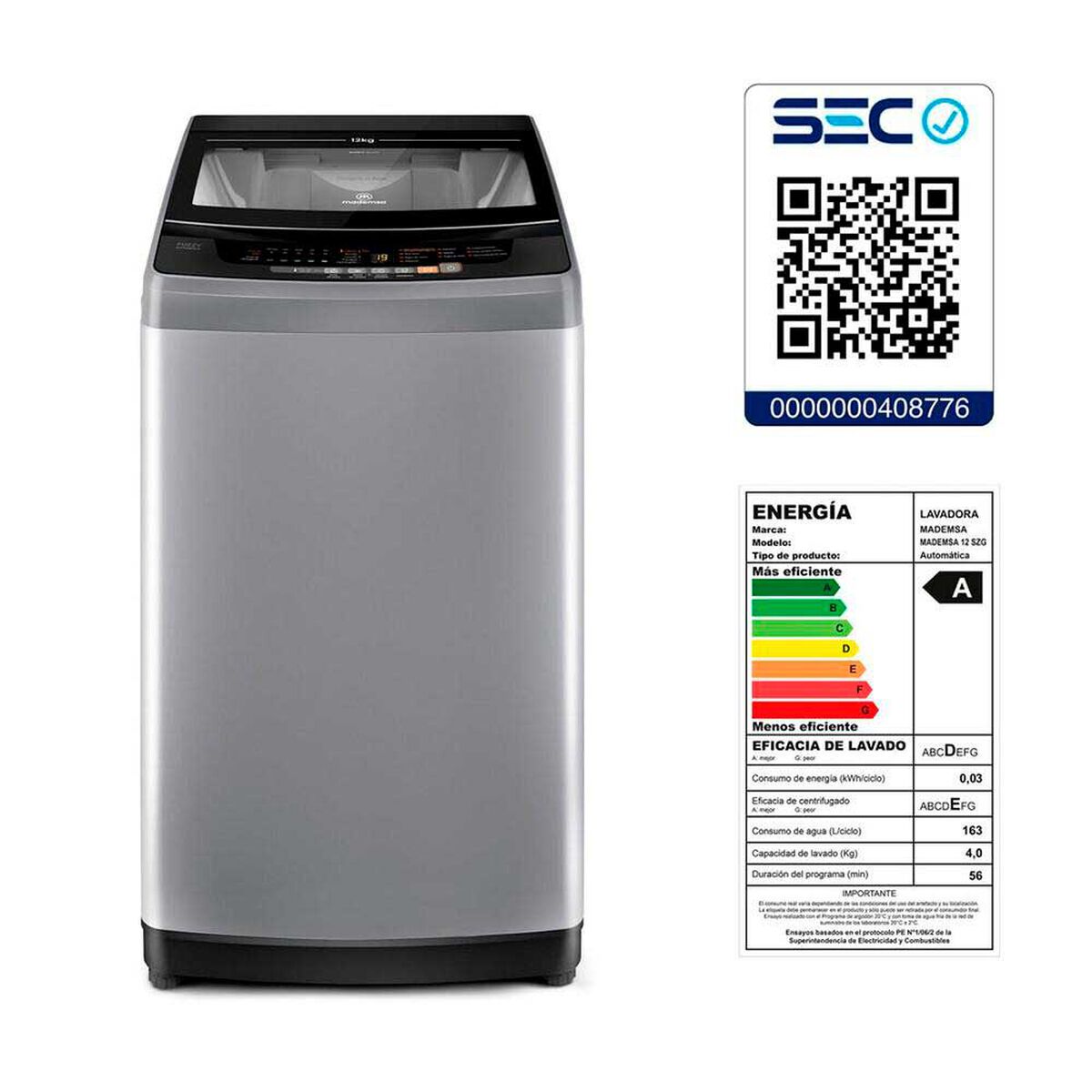 Lavadora Autom&aacute;tica Mamdemsa 12 SZG 12 kg.