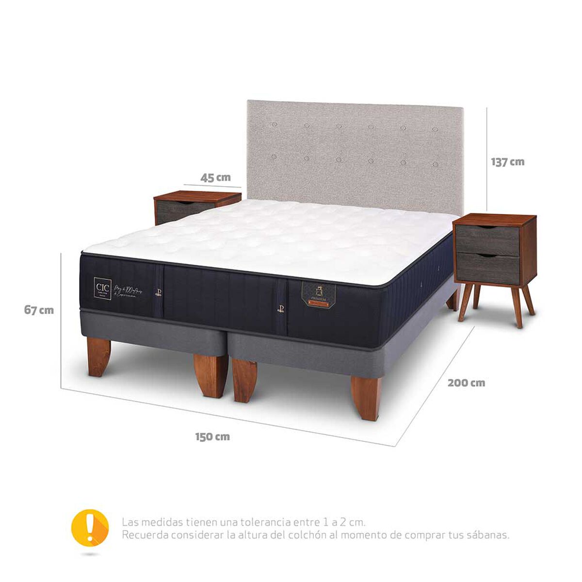 Cama Europea CIC Base Dividida 2 Plazas Premium + Respaldo + Veladores