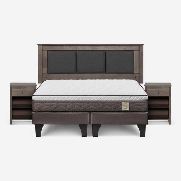 Cama Europea Rosen Base Dividida 2 Plazas New Style 4 Plus + Respaldo Rachel Gris + 2 Veladores