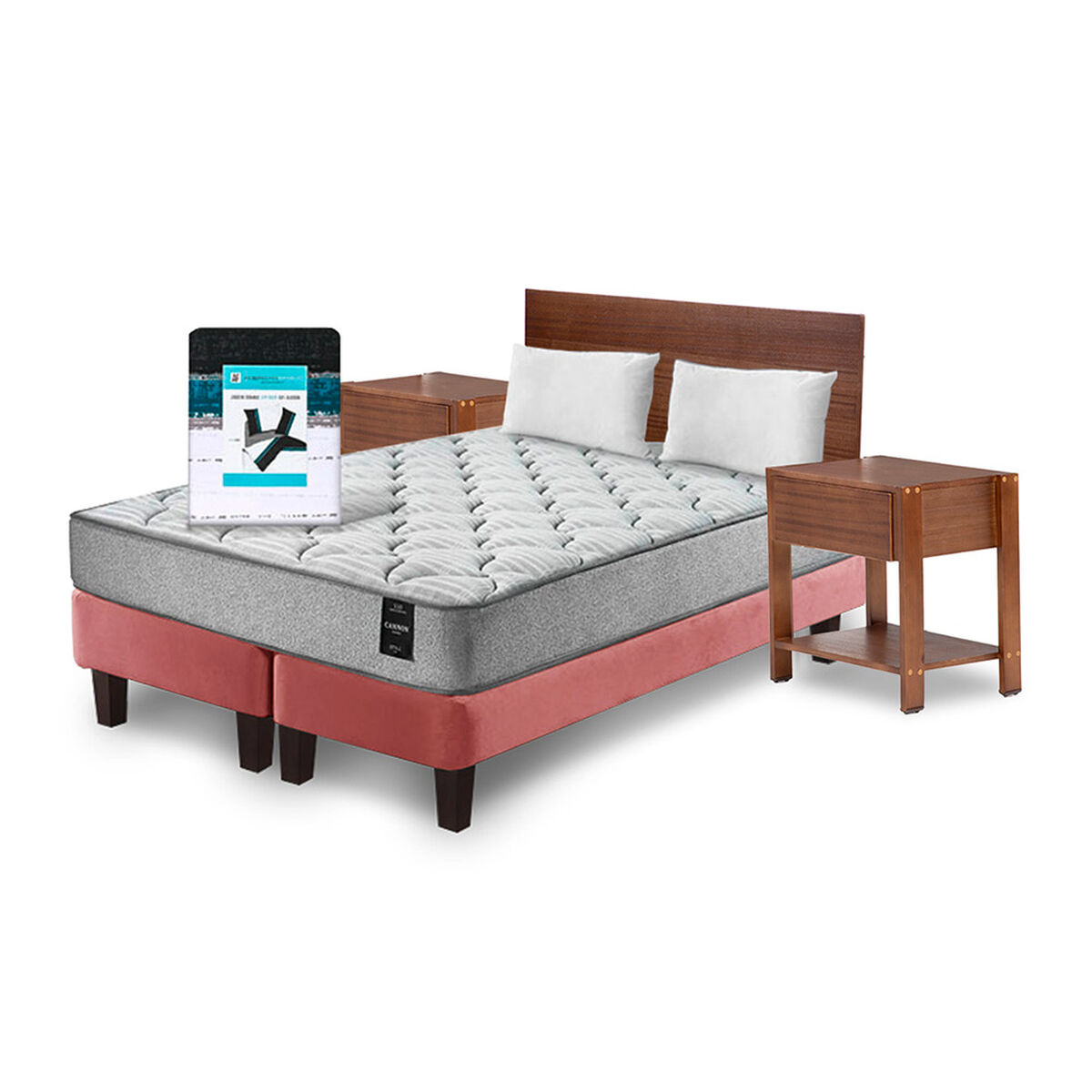 Combo Cama Europea Latam Home 2 Plazas Cannon BD Tela Palo Rosa + Textil + Resp + 2 Veladores Orion