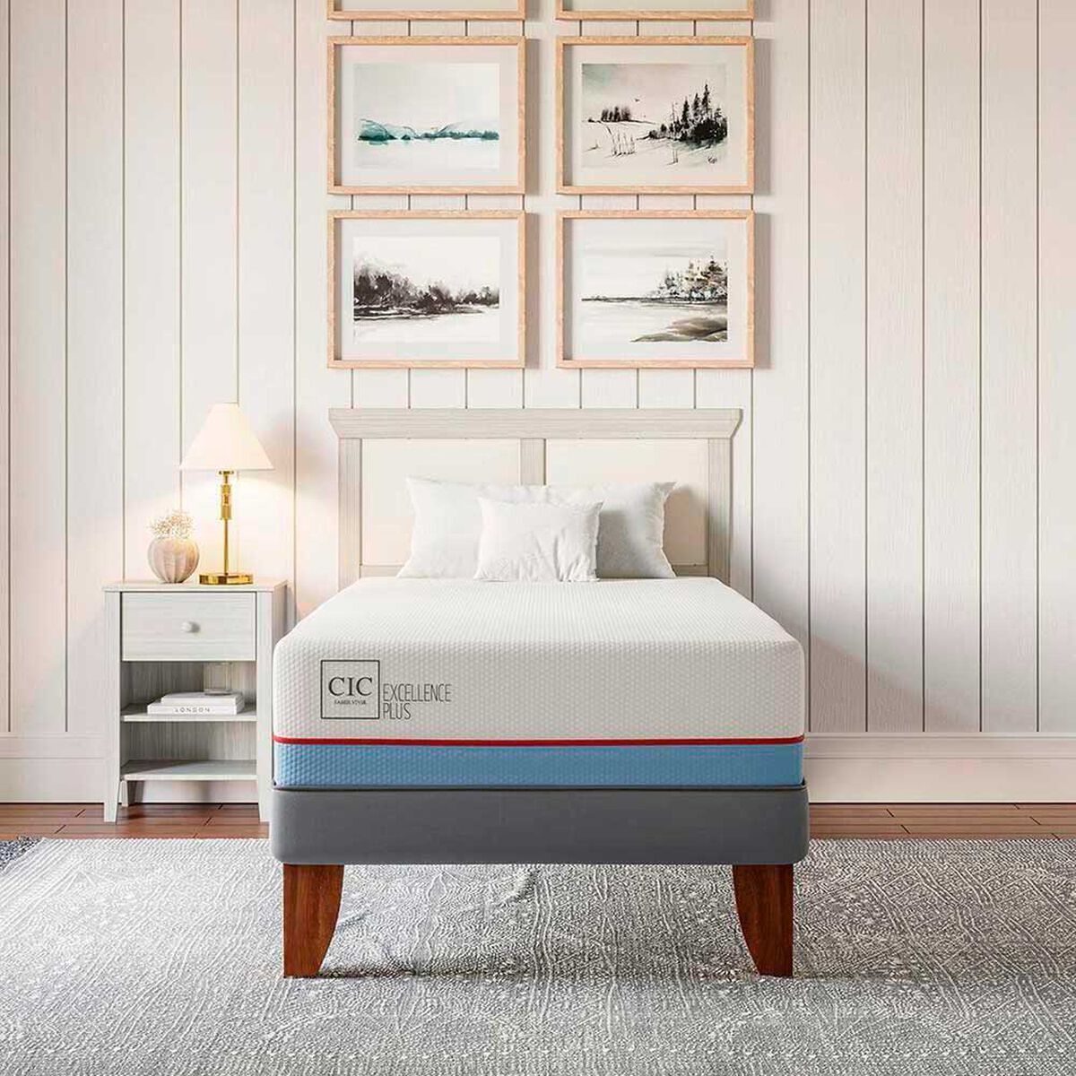 Cama Europea CIC 1 Plaza Excellence Plus + Respaldo + 1 Velador Olmo