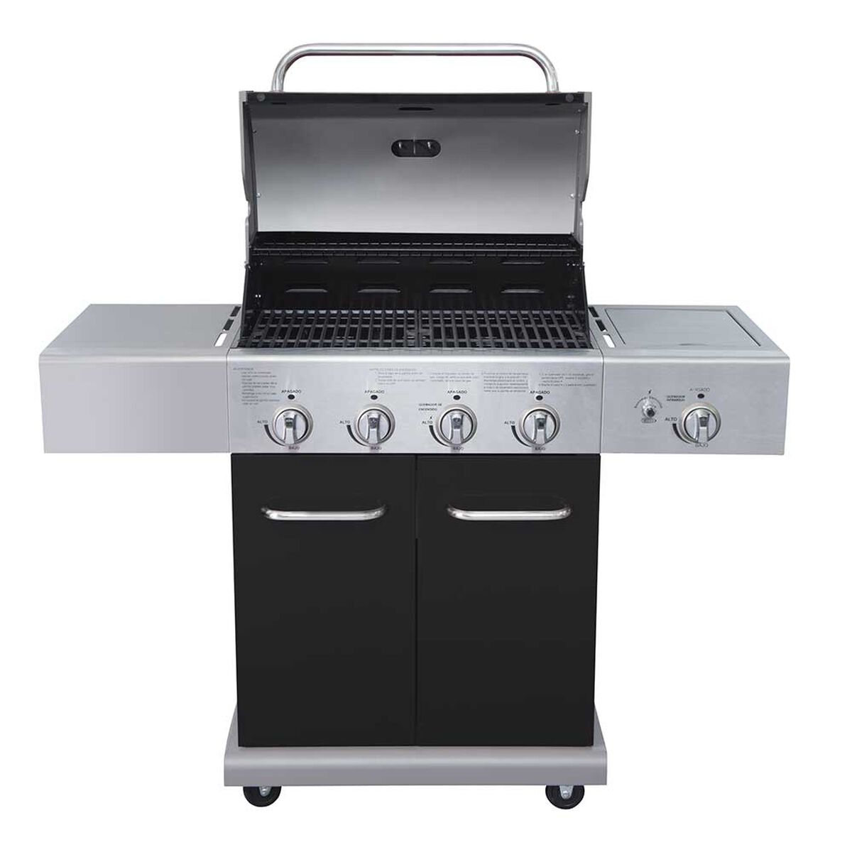 Parrilla a Gas Encendido Electrónico BBQ Grill Texas Acero Inoxidable 4 Quemadores Centrales + 1 Lateral Negro