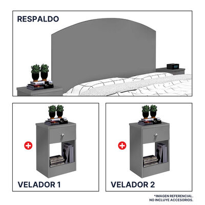 Imagen 1 del producto Respaldo + 2 Veladores Casanova 2 Plazas Gris