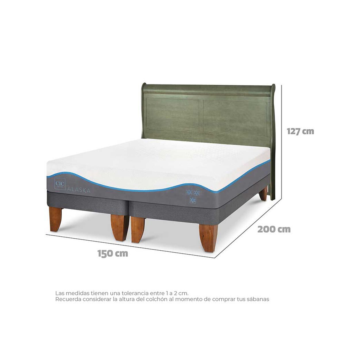 Cama Europea CIC Base Dividida 2 Plazas Alaska + Respaldo Miro Olivo
