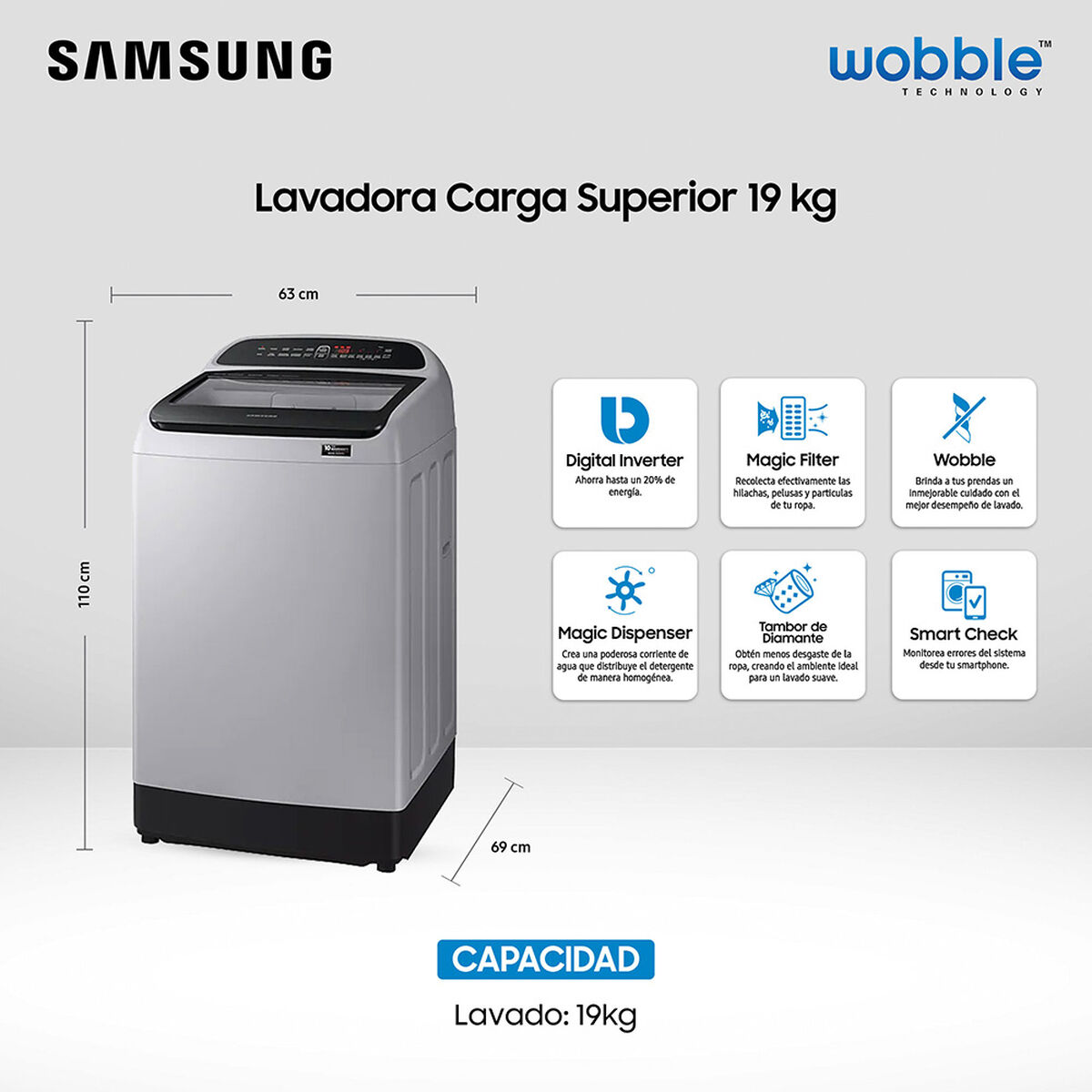 Lavadora Automática Samsung WA19T6260BYZS 19 kg.