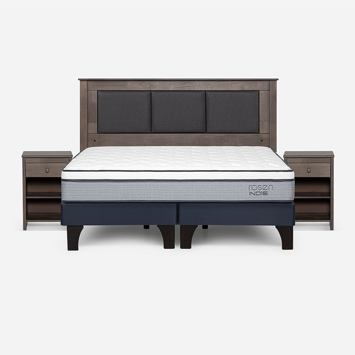 Combo Cama Europea Rosen 2 Plazas Indie BD + Respaldo y Veladores Rachel