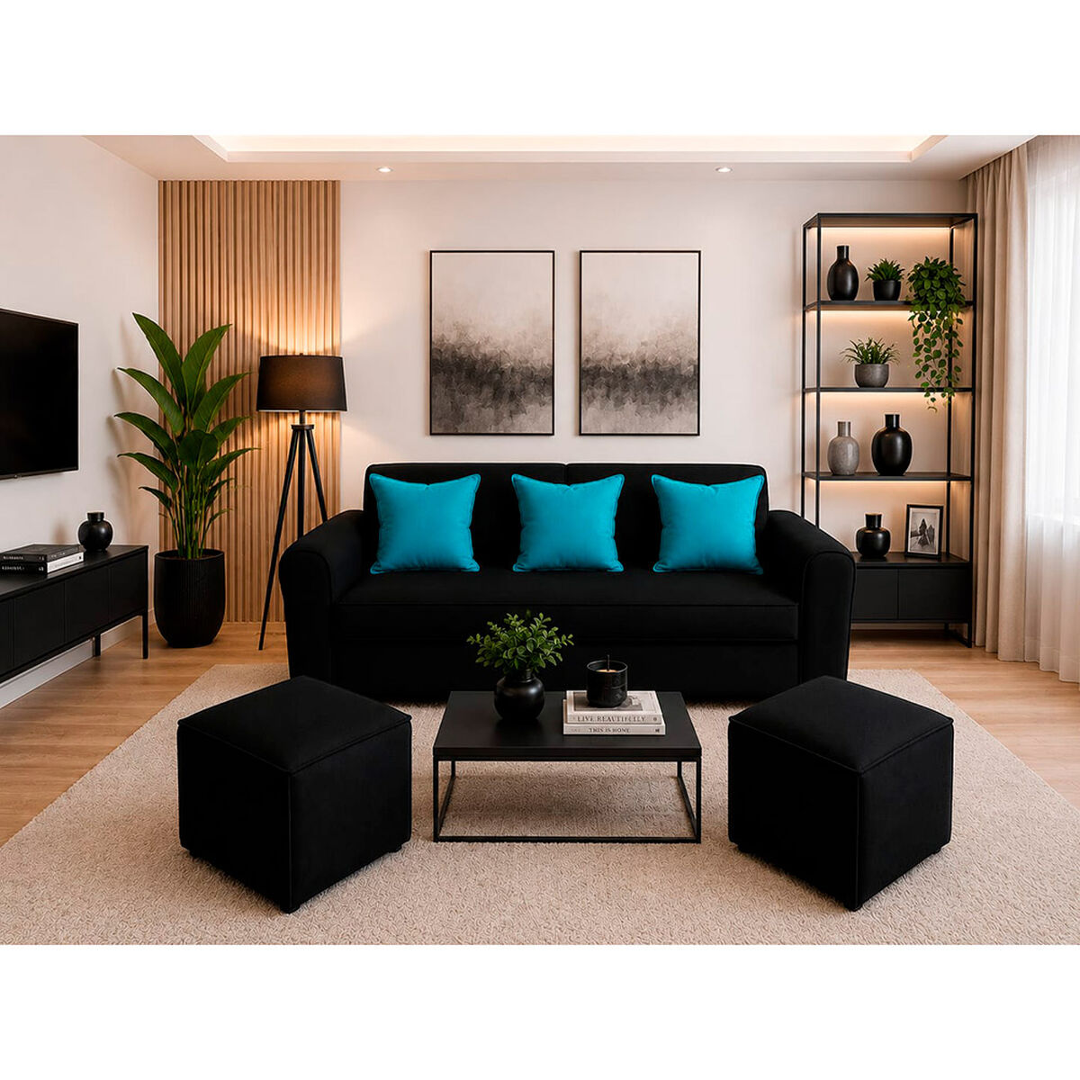 Sof&aacute; + 2 Puff  Dise&ntilde;o A&M Home Prado 5 Cuerpos Negro