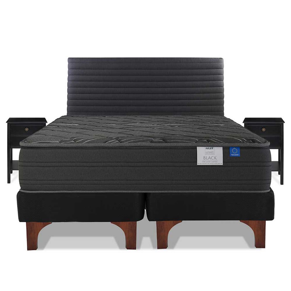 Cama Europea Flex Base Dividida King Black + Respaldo Modern Grafito + 2 Veladores Rover Universal