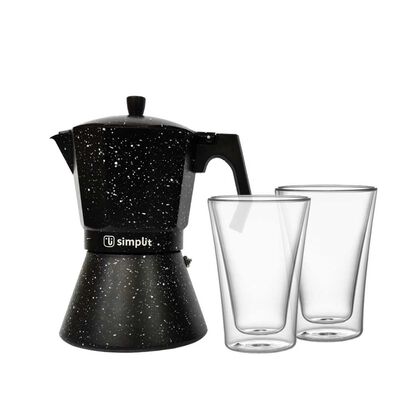 Pack Cafetera Italiana + Set 2 Vasos Doble Pared Simplit Negro