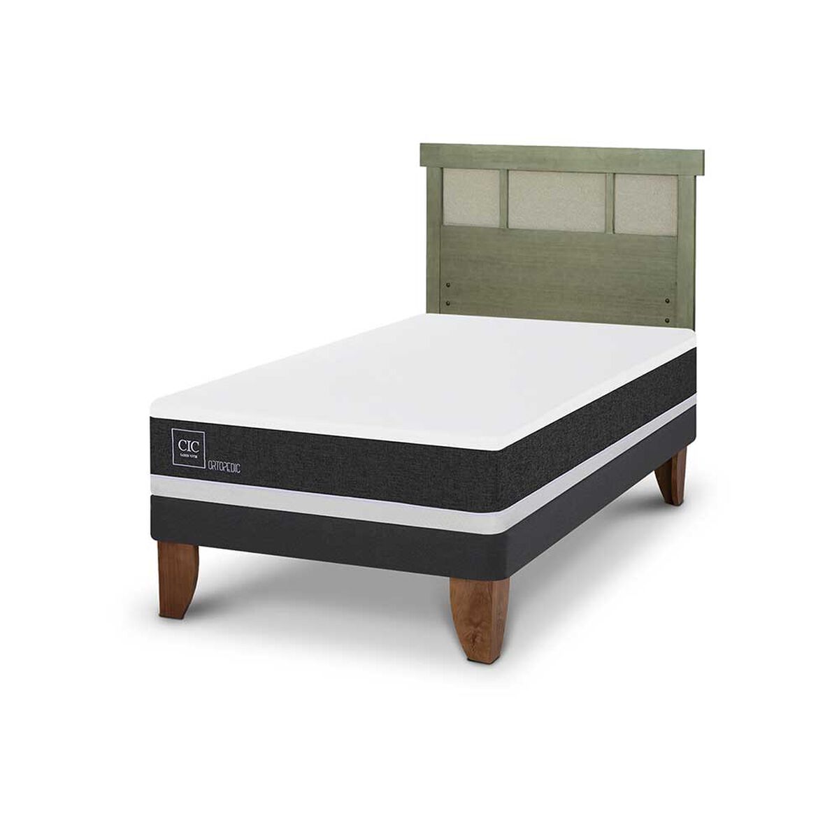 Cama Europea CIC 1,5 Plazas Ortopedic + Respaldo Dublin Olivo