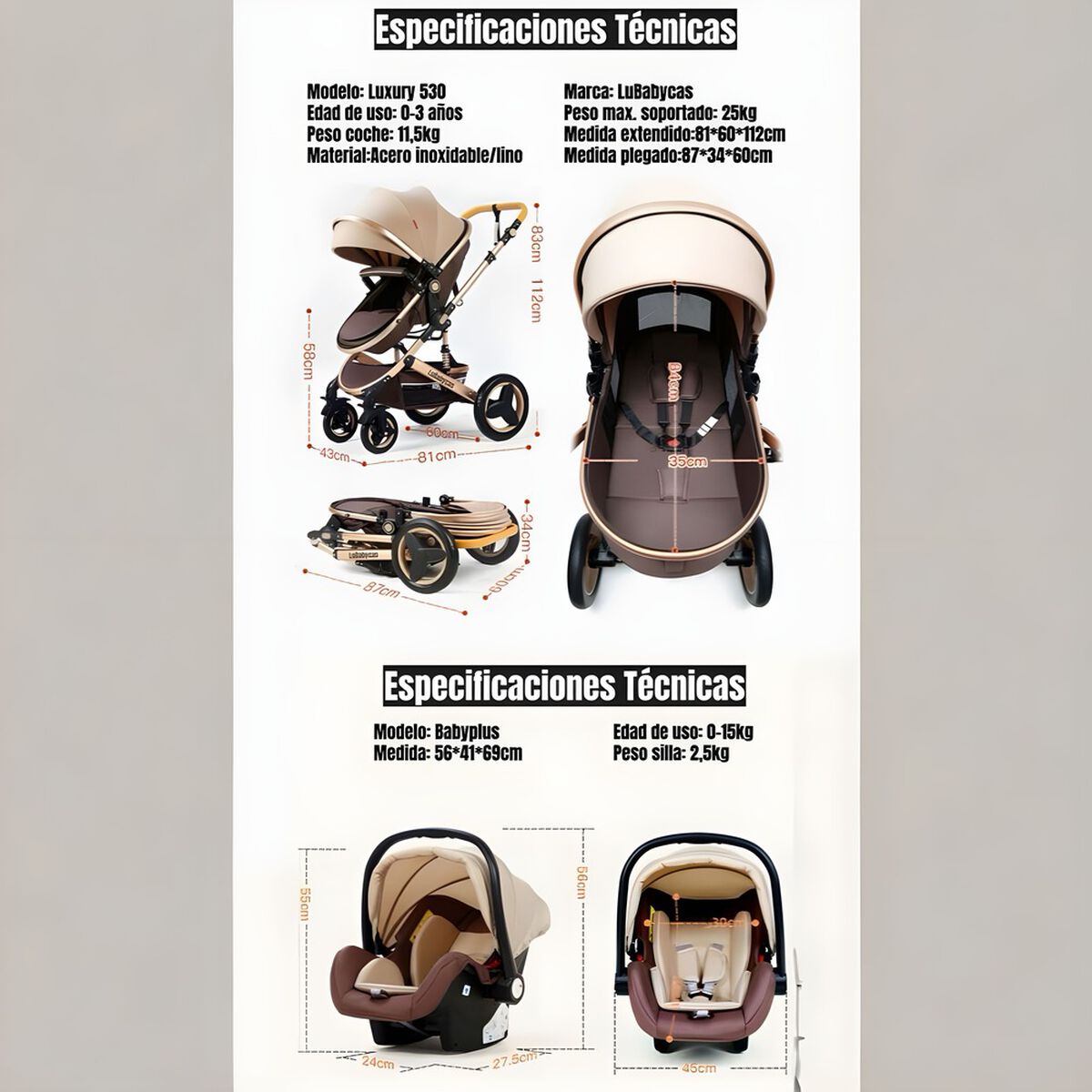 Coche Travel System con Accesorios Gris Luxury LuBabycas