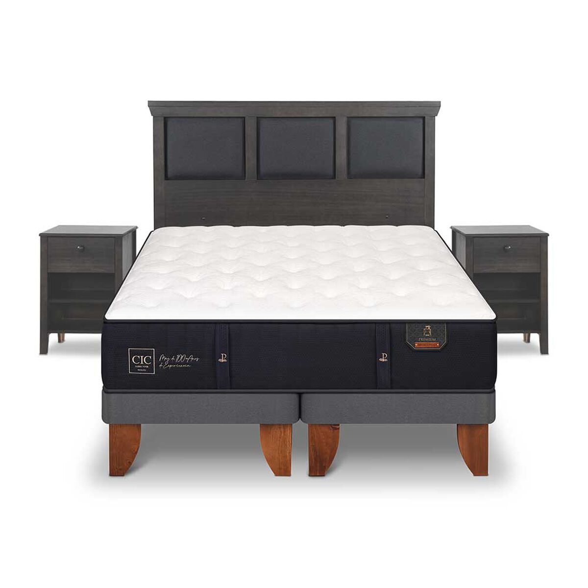 Cama Europea CIC Base Dividida King Premium + Respaldo + 2 Veladores Torino