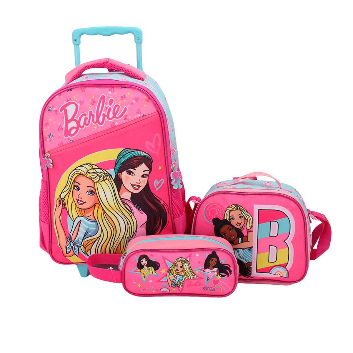 Pack Mochila con Ruedas, Estuche y Lonchera Barbie