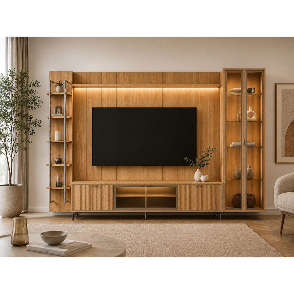 Rack TV 80" + Panel Neon Float LED + Vitrinas 2 Puertas + Repisas Decocasa Carvalho