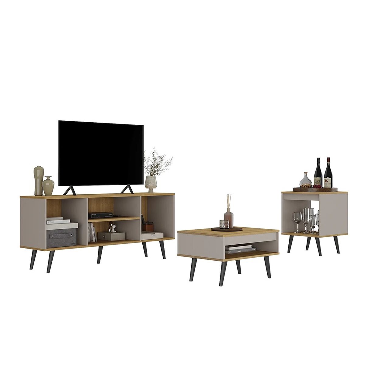 Combo Mons Rack TV + Mesa de Centro + Mesa Lateral Lamina Mel/Arena