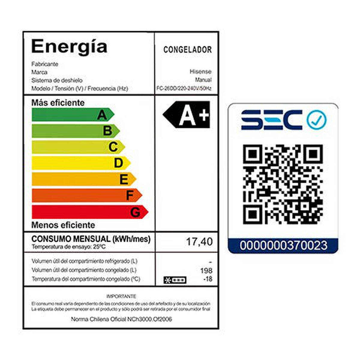 Freezer Horizontal Hisense FC-26DD 198 lts.