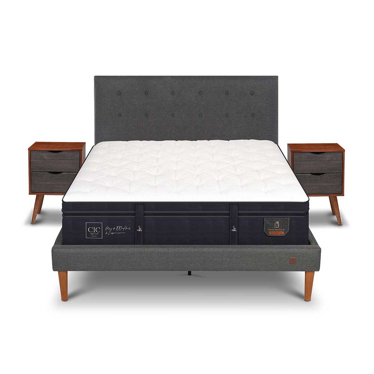 Cama Europea CIC 2 Plazas Súper Premium + Respaldo + Veladores