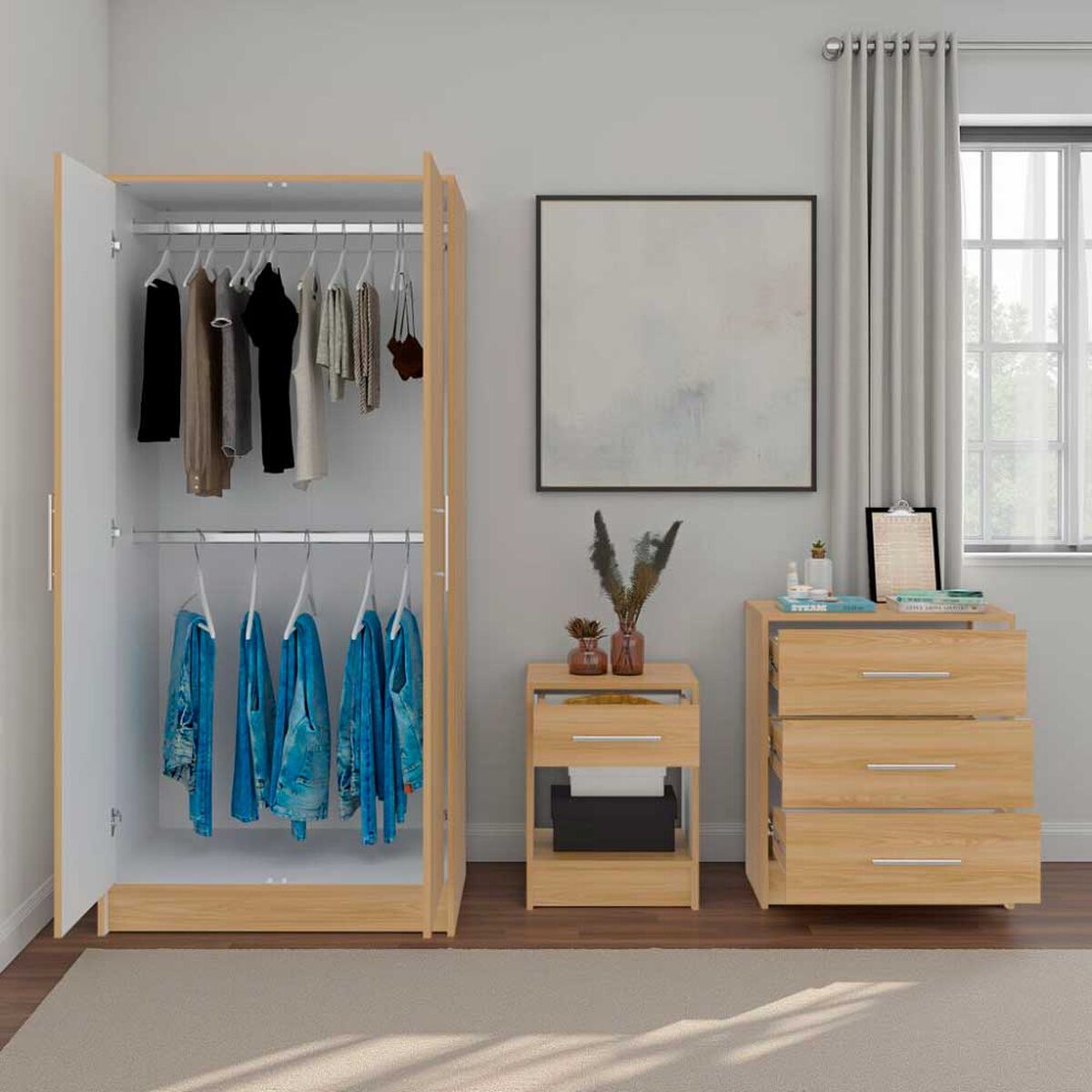 Combo Closet 2 Puertas + Comoda 3 Cajones + Velador Tuhome Francis&nbsp;Fresno Ruropeo-Blanco