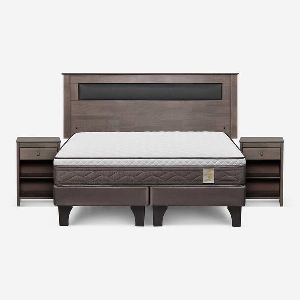 Cama Europea Rosen Base Dividida 2 Plazas New Style 4 Plus + Respaldo Ferrera Gris + 2 Veladores