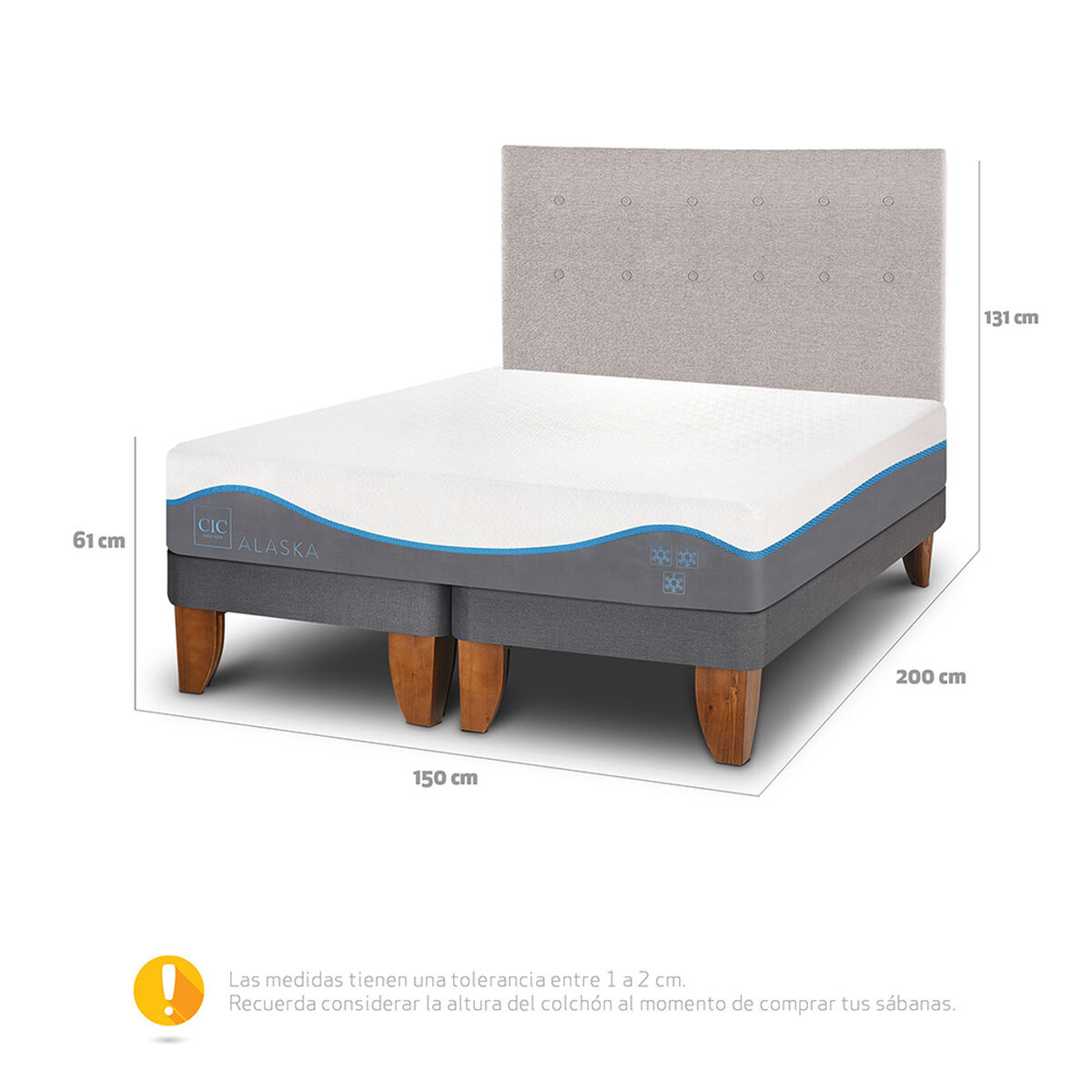 Cama Europea CIC Base Dividida 2 Plazas Alaska + Respaldo