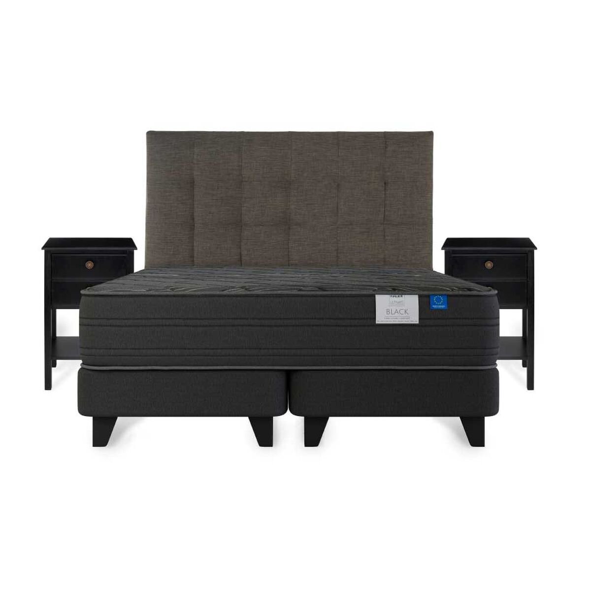 Cama Europea Flex Base Dividida King Black + Respaldo Design Grafito + 2 Veladores Rover