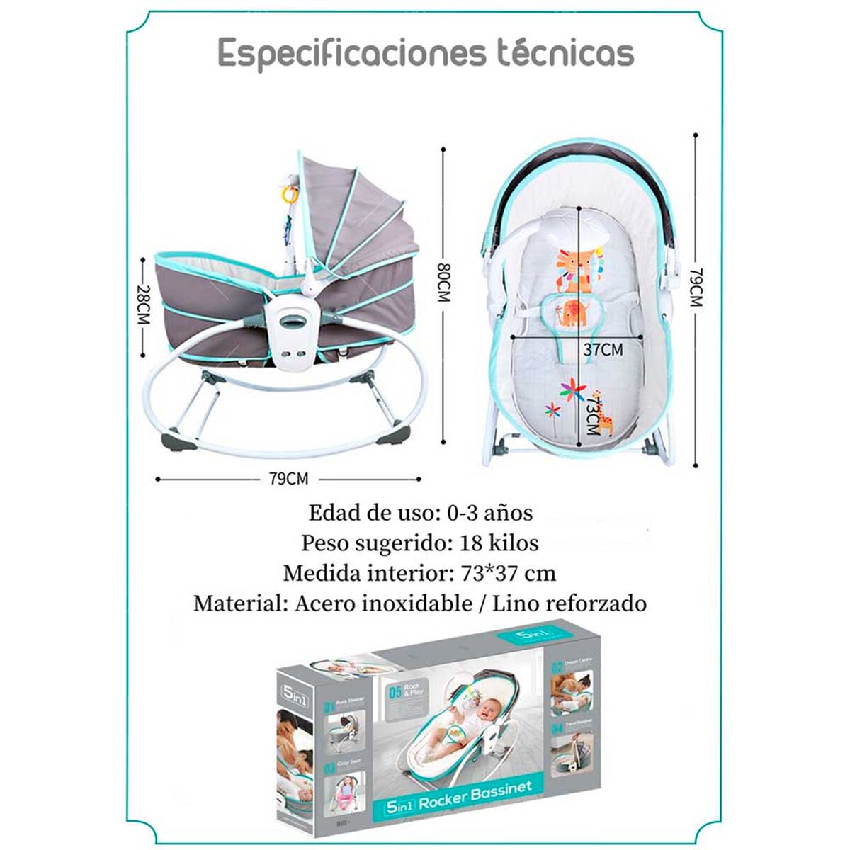 Cuna Moisés 5 en 1 con Vibración Mosquitero Lubabycas Rosada