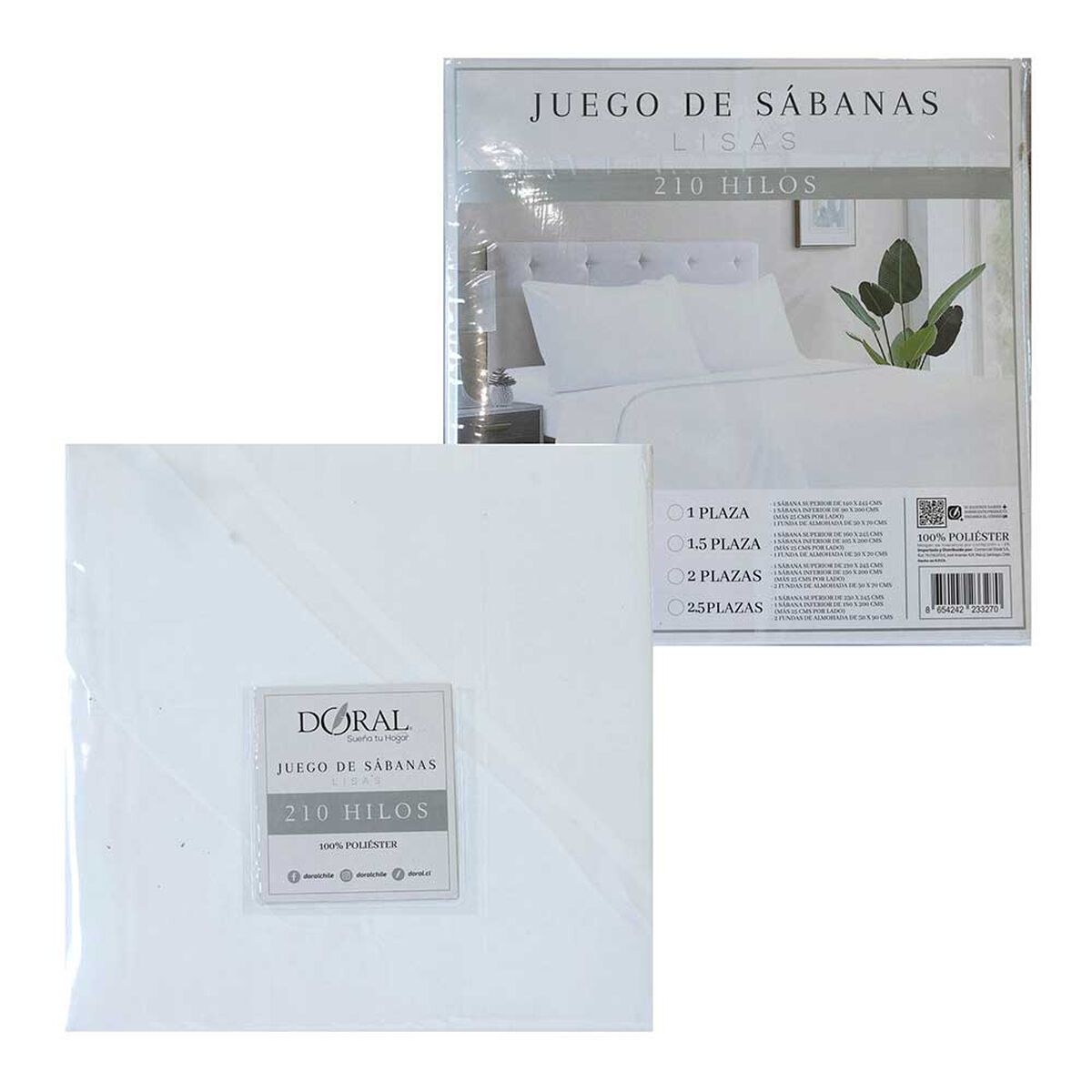 Juego de S&aacute;banas Doral 1,5 Plazas Lisas 210 Hilos Blanco