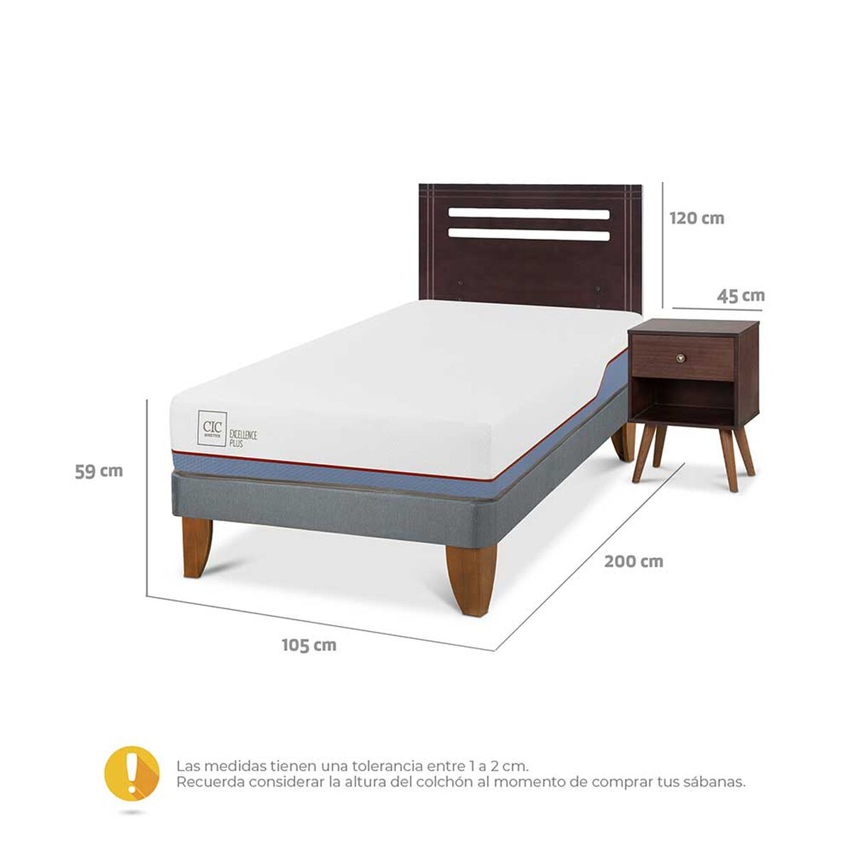 Cama Europea CIC 1,5 Plazas Excellence Plus + Respaldo + Velador New Munich